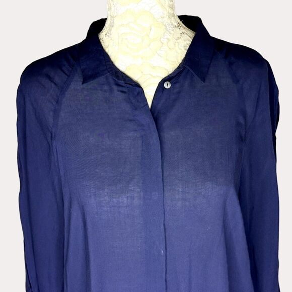 Zara Button Front Woven Blouse Tie Slit Sleeve Navy Blue M am - Picture 2 of 6
